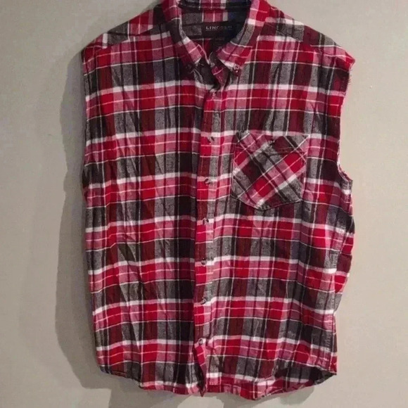 Men's Lincoln Outfitters red plaid sleeveless‎ flannel shirt size large regular - Picture 1 of 5